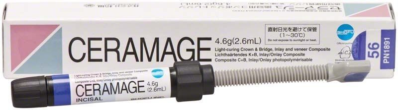Ceramage Schneide 56 in Spritze und Verpackung von Shofu Dental.