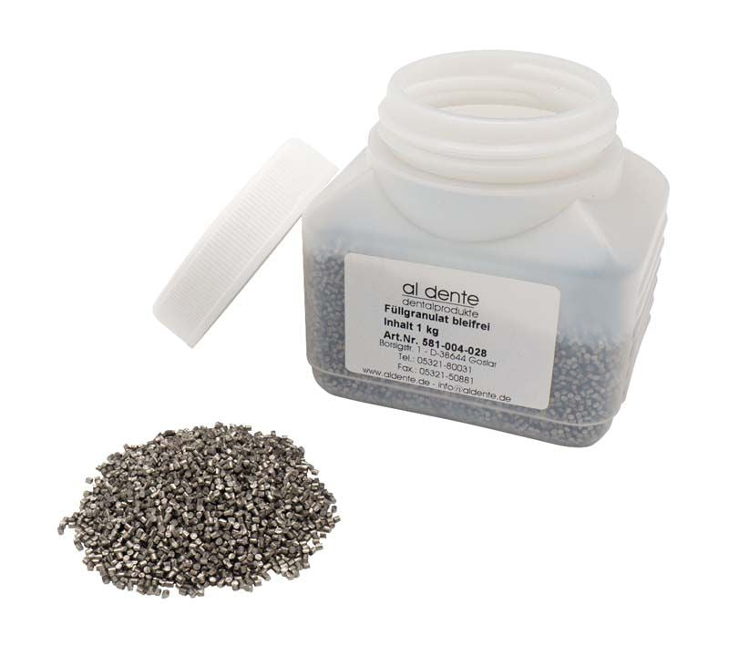 Füllgranulat V2A-Edelstahl, 1 kg Behälter mit offenem Deckel und Granulat.