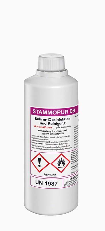 Stammopur DB Ultraschallreinigungslösung 1 Liter Flasche mit Sicherheitswarnungen.