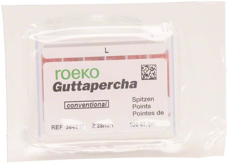 ROEKO Guttapercha-Spitzen Gr. L in Verpackung mit Etikett und QR-Code.
