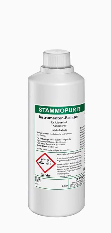 Stammopur R Reinigungsmittel-Flasche mit grünem Etikett für Ultraschallreinigung.