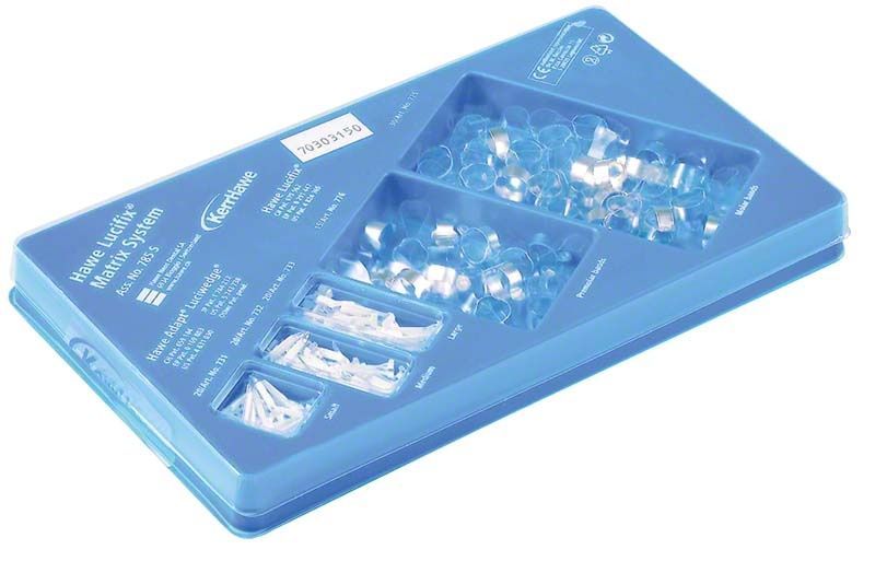 Transparente Lucifix Matrizensystem Set in blauer Verpackung mit verschiedenen Komponenten.