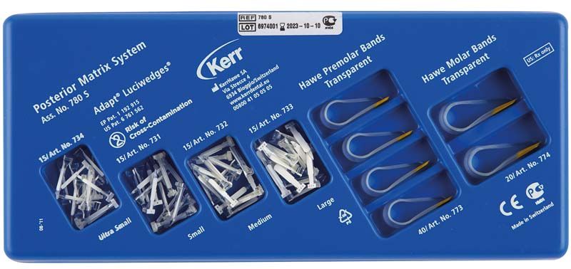 Hawe Transparent Matrizen Posterior System Set in blauer Verpackung mit verschiedenen Matrizen.