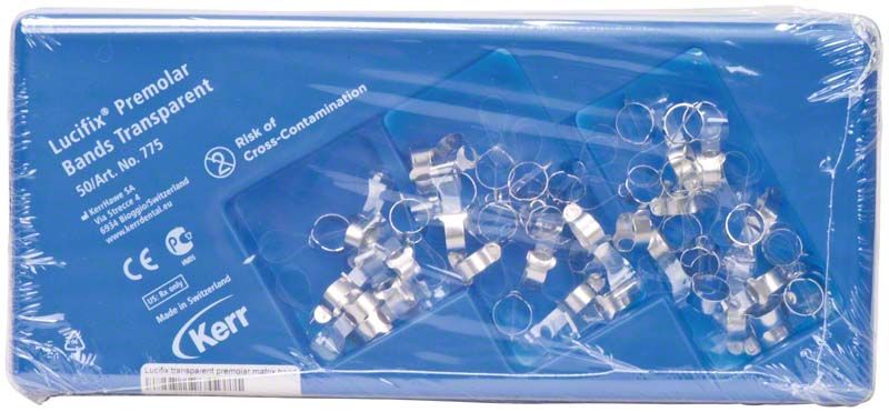 Transparente Lucifix Prämolar-Matrizen in blauer Verpackung mit Produktinformationen.