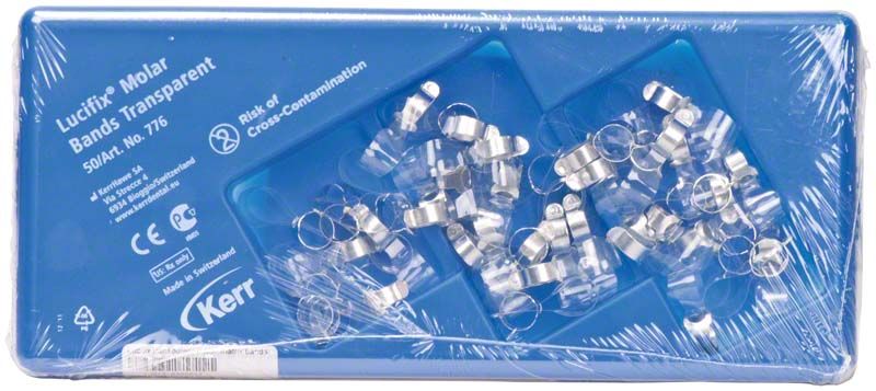 Transparente Lucifix Molar-Matrizen in blauer Verpackung.