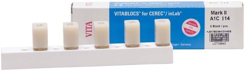VITABLOCS® Mark II I14 A1C Keramikblöcke auf weißem Halter vor Verpackung.