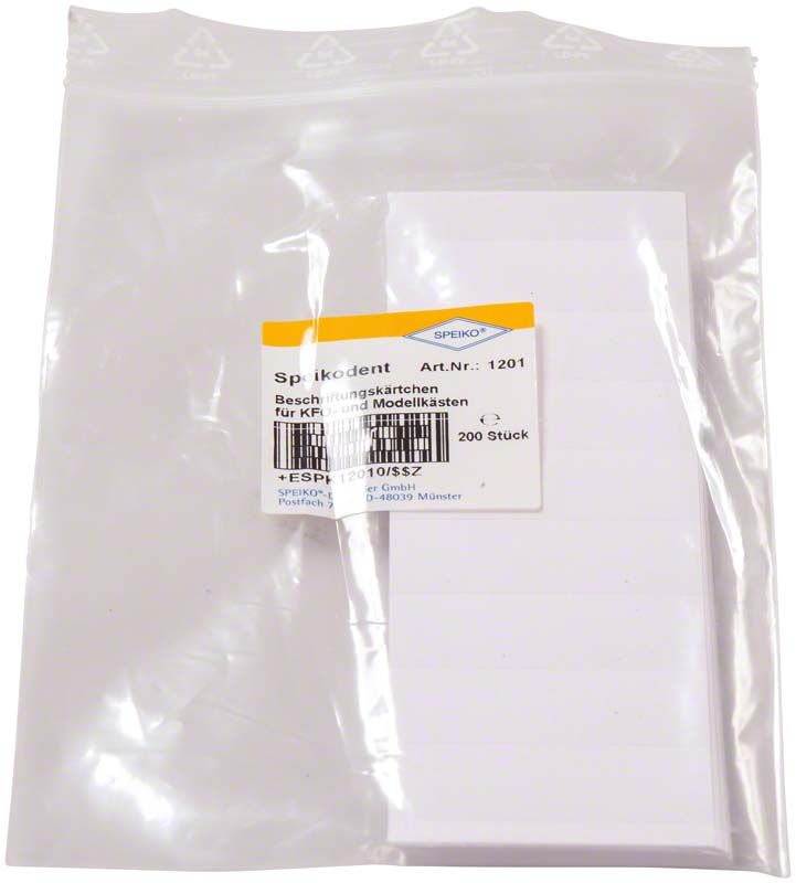 Beschriftungskarten für Speikodent Modellkästen in transparenter Verpackung.