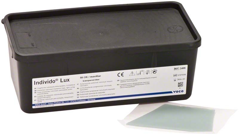 Schwarze Verpackung mit Individo Lux Löffelmaterial und blau-transparenter Folie.