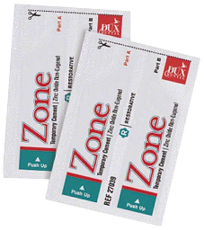 Zwei Einzeldosis-Packungen von Zone-Zahnzement.