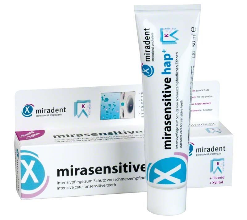 mirasensitive hap+® Zahnpasta-Tube und Verpackung für empfindliche Zähne