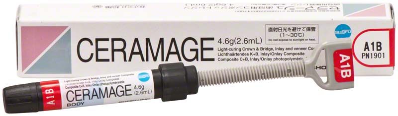 Ceramage Dentin A1B Verpackung mit Applikator und Produktdetails.