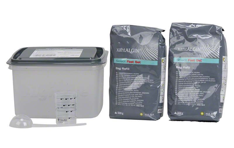 Xantalgin® select Alginate-Abformmaterial mit zwei 500g Nachfüllbeuteln und Zubehör.