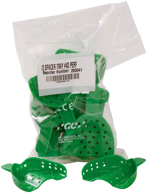 Einweg-Abformlöffel aus grünem Kunststoff in transparenter Verpackung.