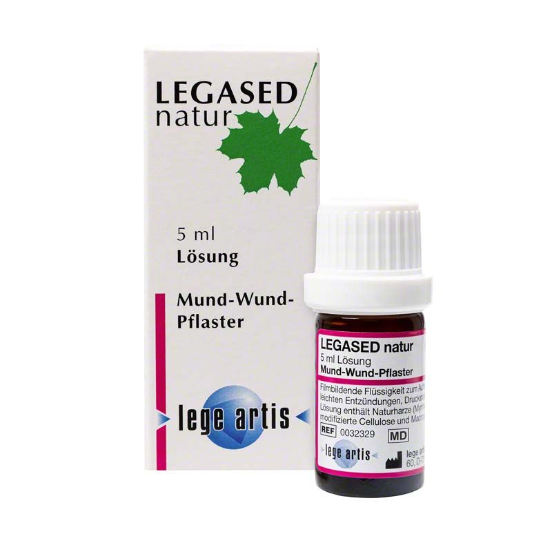 Legased natur Mund-Wund-Pflaster 5ml Lösung mit Verpackung und Fläschchen.