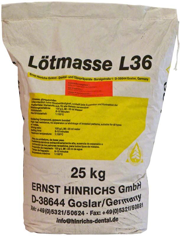 Lötmasse L 36® 25 kg Sack mit Herstellerinformationen und gelbem Etikett.
