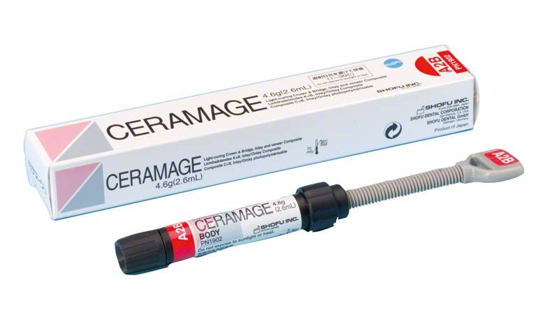 Ceramage Dentin A2B Spritze und Verpackung von Shofu Dental.