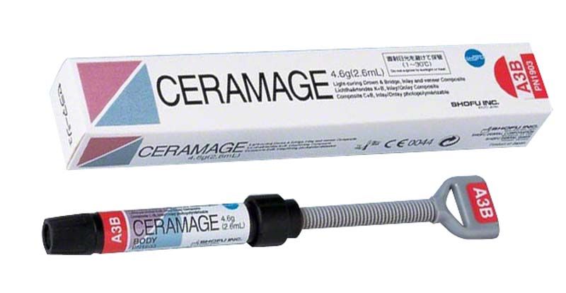 Ceramage Dentin A3B Verblendkunststoff-Spritze und Verpackung von Shofu Dental.