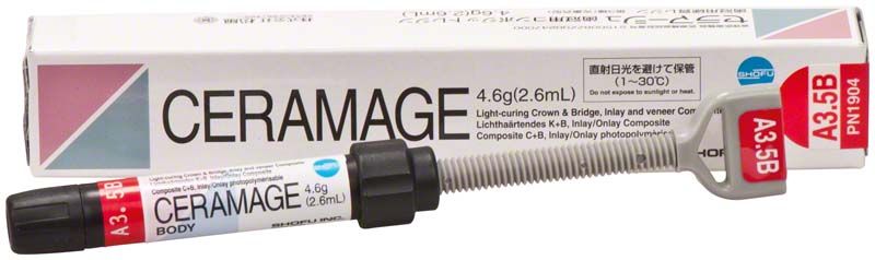 Ceramage Dentin A3,5B Spritze und Verpackung von Shofu Dental.