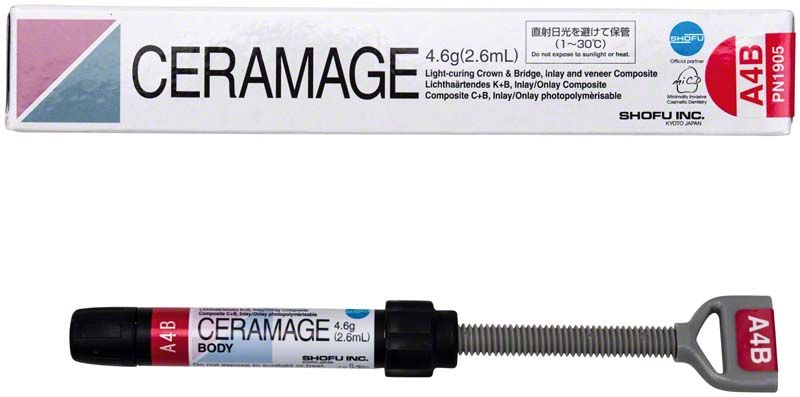 Ceramage Dentin A4B Spritze mit Verpackung, dentaler Verblendkunststoff.