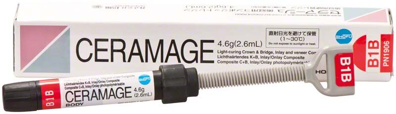 Ceramage Dentin B1B Verblendkomposit mit Verpackung und Dosierspritze.