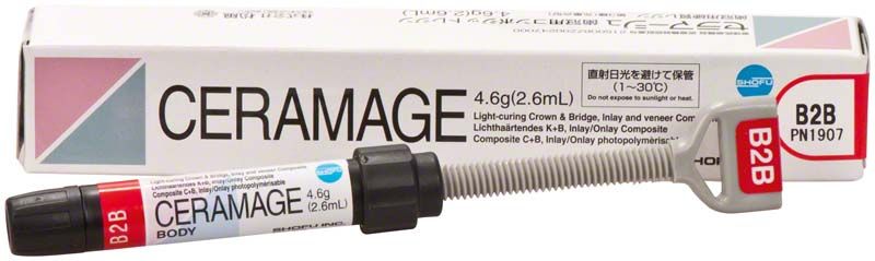 Ceramage Dentin B2B Komposit-Spritze vor Produktverpackung.