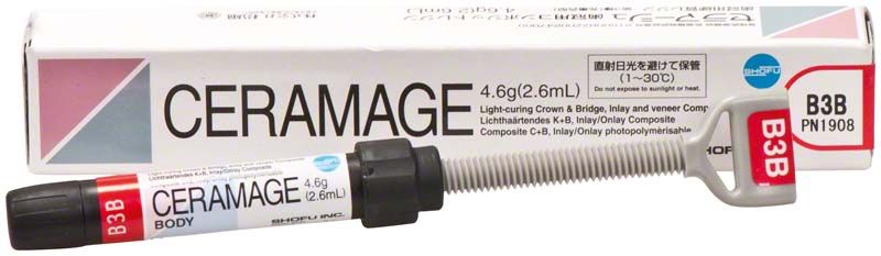 Ceramage Dentin B3B in Spritze vor Verpackung.