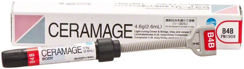 Ceramage Dentin B4B Verpackung und Spritze mit Aufdruck auf weißem Hintergrund.