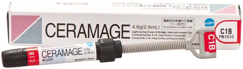 Ceramage Dentin C1B Komposit-System in Spritzenform vor Verpackung.