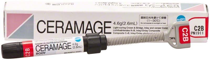 Ceramage Dentin C2B Komposit-Spritze und Verpackung von Shofu Dental.