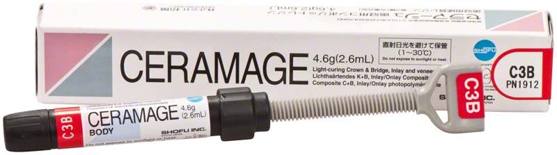 Ceramage Dentin C3B mit Verpackung und Applikationsspritze von Shofu Dental.