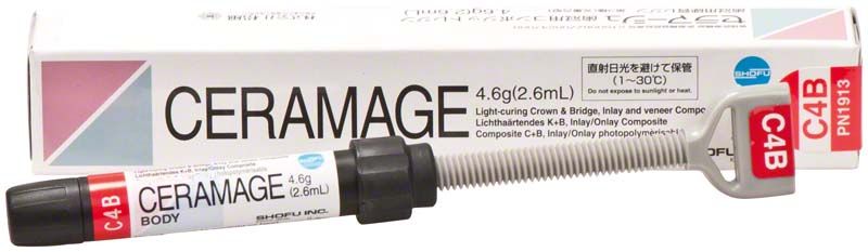 Ceramage Dentin C4B Spritze vor Verpackung mit Shofu-Logo.