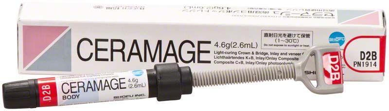 Ceramage Dentin D2B Verpackung und Spritze mit Beschriftung.