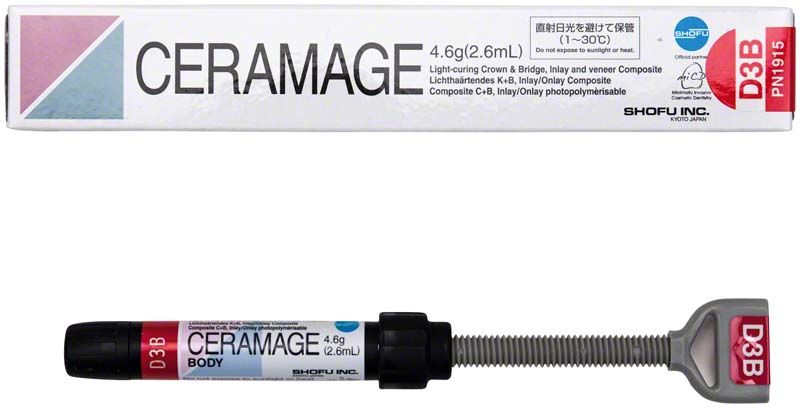 Ceramage Dentin D3B Komposit-Spritze vor Verpackung auf weißem Hintergrund.