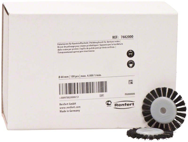 Schachtel mit Slim Polierbürsten 100er Pack und zwei lose Bürsten.