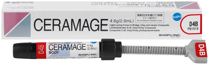 Ceramage Dentin D4B Verblendkunststoff mit Verpackung und Applikator.