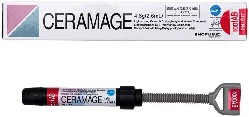 Ceramage Dentin RootAB in Spritze mit Verpackung im Hintergrund.