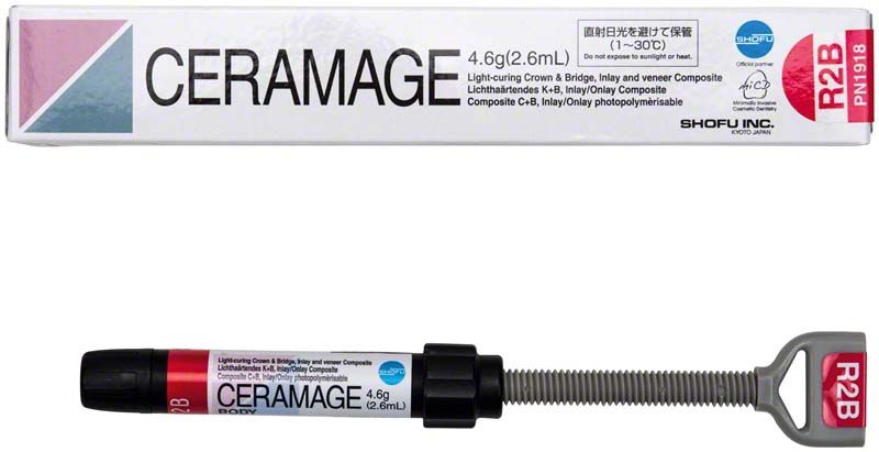 Ceramage Dentin R2B in Spritzenform mit Verpackung.