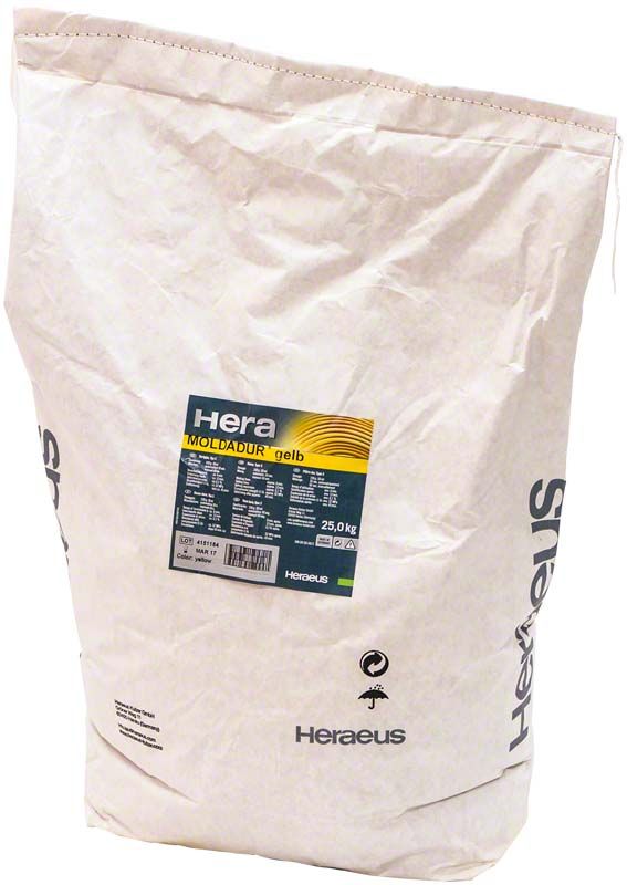 Moldadur® gelb 25kg Verpackung mit Heraeus-Logo und Produktinformationen.