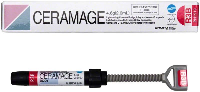 Ceramage Dentin R3B Komposit-Spritze mit Verpackung im Hintergrund.