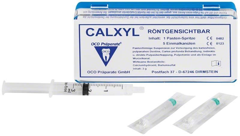 CALXYL® röntgensichtbare Spritze Blau mit Einmalkanülen und Verpackung.