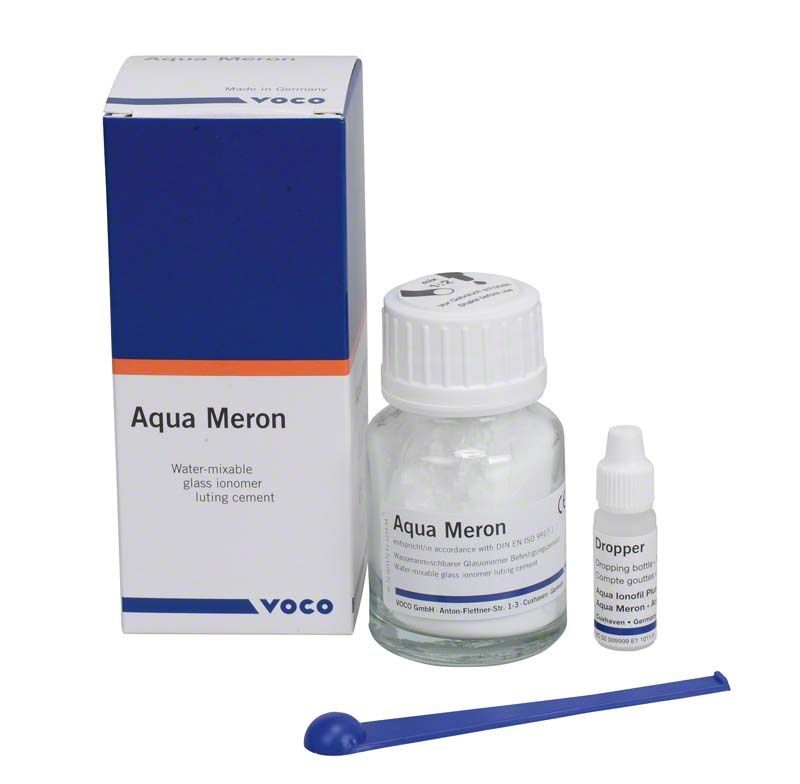 Aqua Meron Glasionomer-Zement mit Dosierlöffel und Tropfflasche.