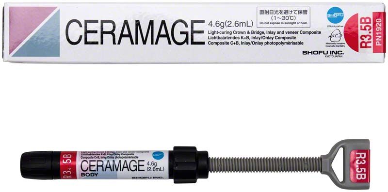 Ceramage Dentin R3,5B Komposit-Spritze mit Verpackung im Hintergrund.