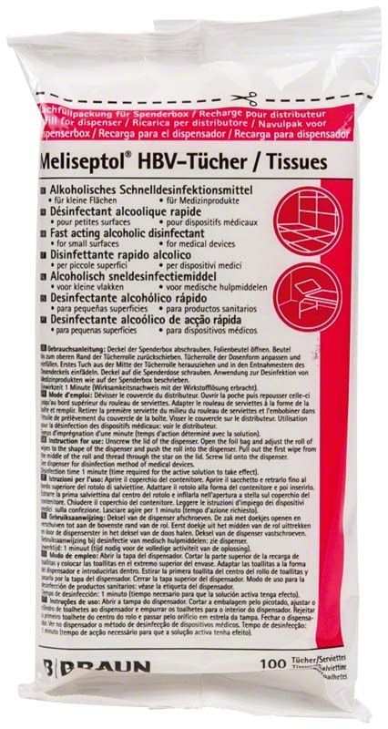Meliseptol HBV Desinfektionstücher in weißer Verpackung mit Produktinformationen.