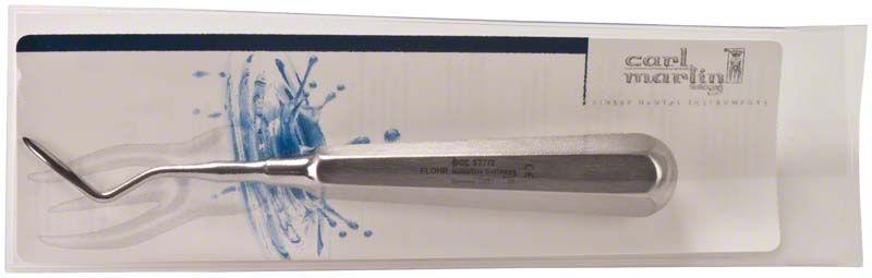 Wurzelheber FLOHR - abgewinkelt mit Edelstahlgriff auf Verpackung.