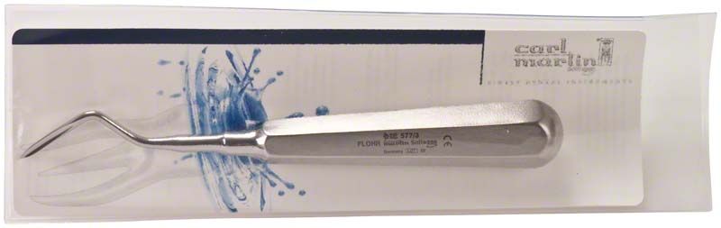 Wurzelheber FLOHR, abgewinkelt, in Verpackung mit blauem Spritzmuster.