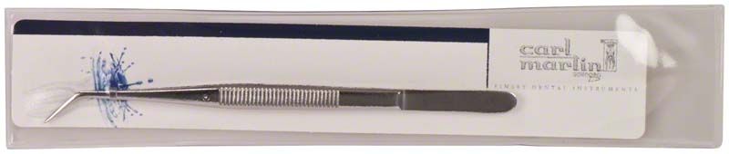 Zahnpinzette mit langer, geriefter Spitze in Verpackung.