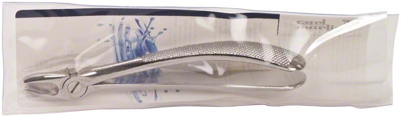 Zahnzange aus Edelstahl in steriler Verpackung für Molarenextraktion.