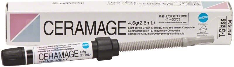 Ceramage Transluzenz T-Glass Komposit-Spritze mit Verpackung auf weißem Hintergrund.
