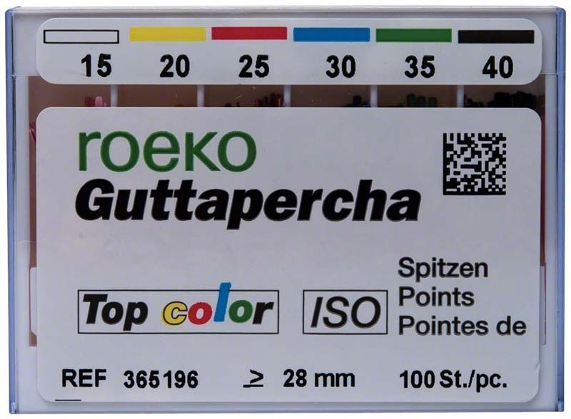ROEKO Guttapercha-Spitzen Top color Schiebeschachtel mit Farbkodierung, Gr. 015-040.