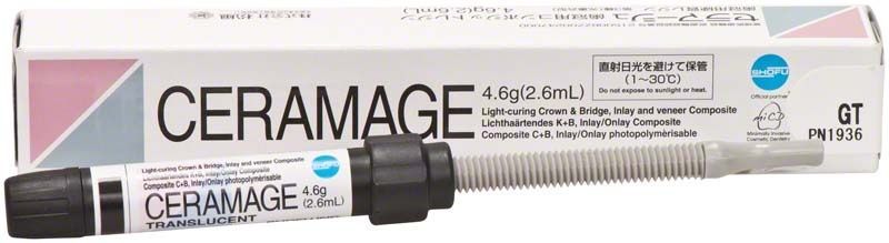 Ceramage Transluzenz Verbundwerkstoff-Spritze mit Produktverpackung im Hintergrund.